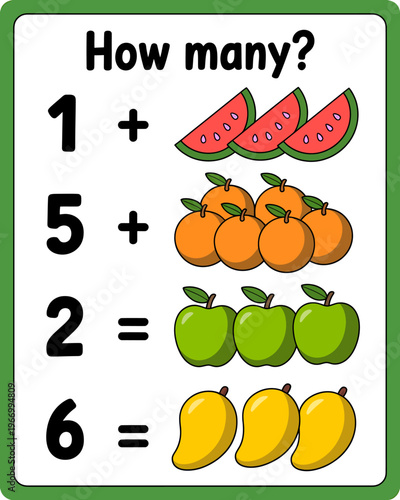 Cartoon fruit math problem illustration with watermelon oranges apples bananas