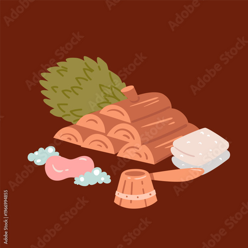 Rustic composition of firewood and soap on a dark chocolate background. A warm and inviting scene that captures the soul of a country sauna.