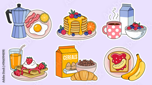 Colorful breakfast food items and drinks on plates and bowls  morning meal variety