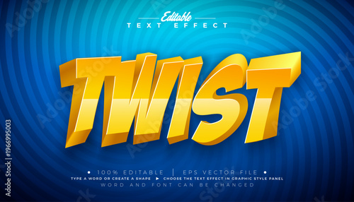 Slika na platnu Twist Editable Text Effect Design Vector Graphic Style with Shadow and Swirl 3D Yellow Lettering on Blue Twisted Background