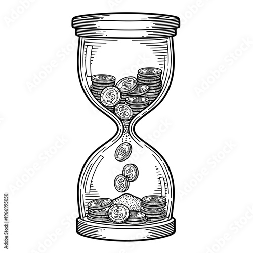 Coins in an hourglass timer.