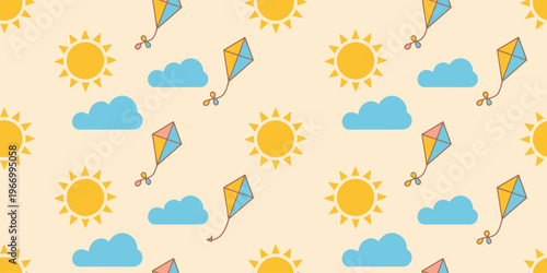 Colorful cartoon kites flying in sunny sky with clouds seamless pattern