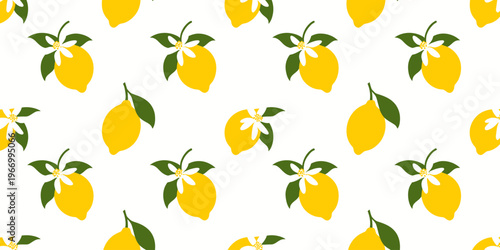 Lemon fruit with green leaves and white flowers on white background pattern