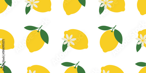 Lemon seamless pattern with green leaves and white flowers on white background