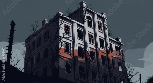 Dilapidated building with broken windows and dark atmosphere.