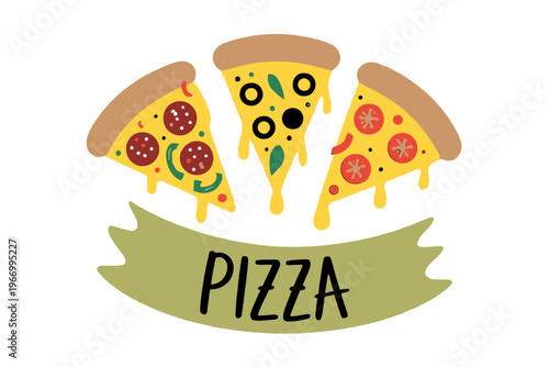Three slices of delicious pizza with various toppings and a green banner