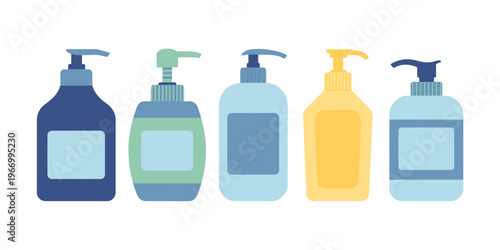 Colorful plastic bottles with pump dispensers on white background  soap  lotion  shampoo