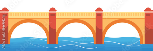 Cartoon illustration of a yellow bridge with red pillars over blue water