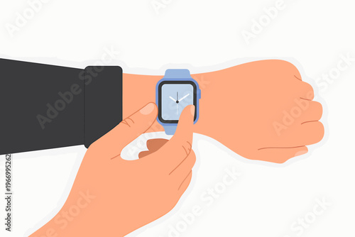 Person wearing smartwatch on wrist and touching screen with finger  checking time