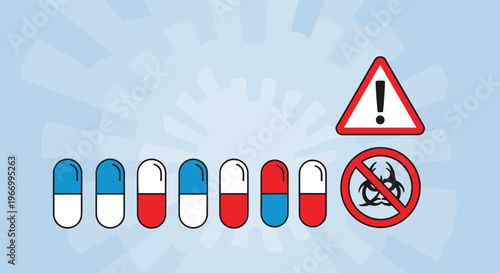 Medical safety and pharmaceutical warning concept showing rows of colored capsules with biohazard and exclamation mark alert signs.
