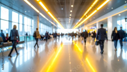 Modern airport terminal interior with blurred travelers walking through a bright illuminated corridor.