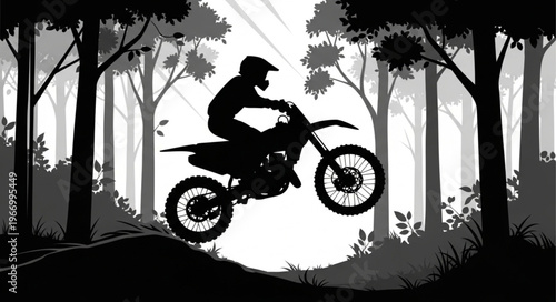 Silhouette of a motocross rider jumping a dirt bike through a forest.