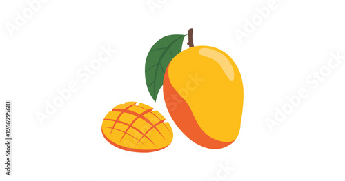Fresh mango fruit and sliced mango with green leaf on white