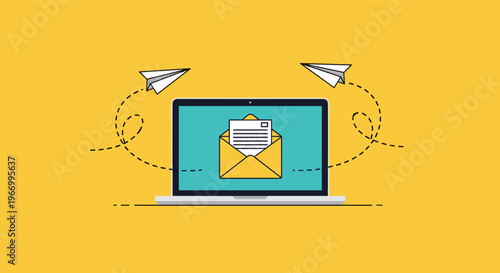 Email marketing and digital messaging concept with paper airplanes flying out from an open envelope displayed on a laptop computer screen.
