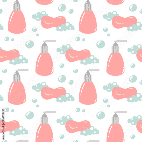 Whimsical pattern featuring soap dispensers and fluffy bubbles. A cute and clean design for bathroom textiles or cosmetic shop wrapping paper.