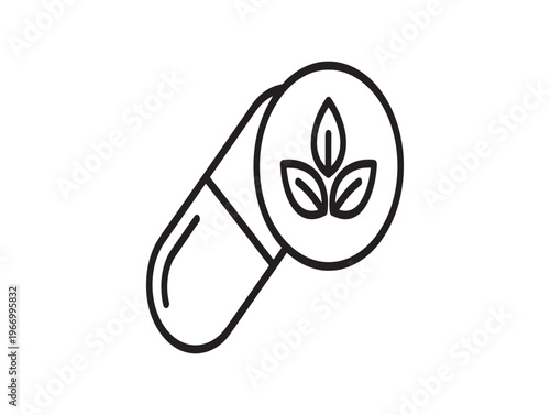 Herbal supplement icon, vegan capsule, line art logo, black outline isolated on White Background