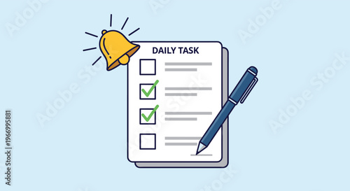 Daily task organization and productivity concept showing a ringing alarm bell next to a checklist document and a blue ballpoint pen.