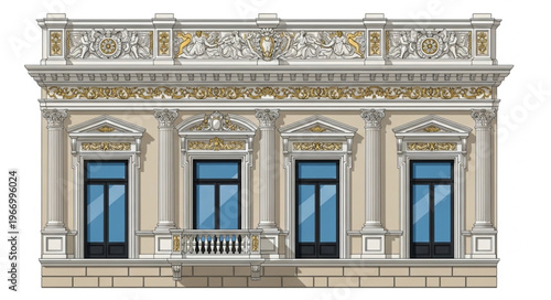 Ornate Building Facade with Classical Architectural Details and Windows.