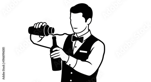 Bartender Pouring Drink from Shaker into Bottle.