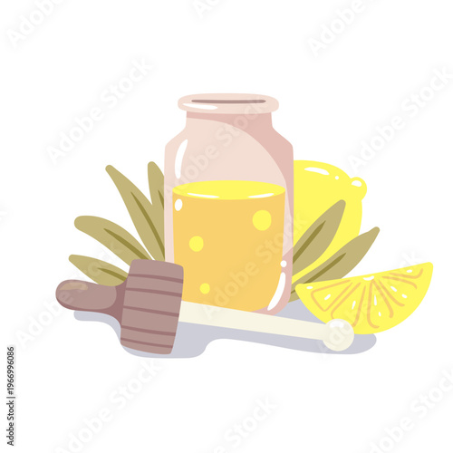 Zesty lemon essential oil paired with fresh citrus slices. An energizing and bright vector for aromatherapy and natural cleaning themes.