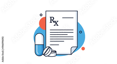 Medical prescription and pharmacy concept with an Rx document and several pharmaceutical pills and tablets on a blue background.