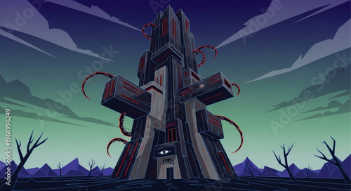 Dark Fantasy Tower Structure with Tentacles and Gloomy Sky.
