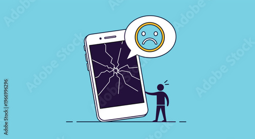 Broken technology and customer dissatisfaction concept showing a person standing next to a smartphone with a cracked screen and a sad face.