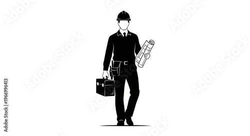 Silhouette of a construction worker holding tools and a toolbox.