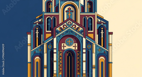 Colorful Byzantine Style Church Facade Illustration.
