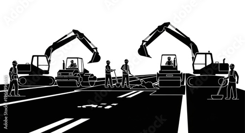 Construction workers and heavy machinery on road construction site.