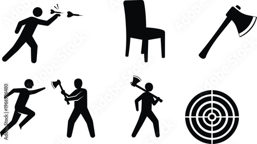 Axe throwing silhouettes icons, target practice illustration, black and white activity art, sports leisure design, competitive game symbols