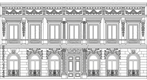Detailed architectural drawing of a classical building facade.