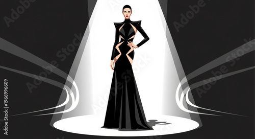 Fashion Model Posing in Dramatic Spotlight on Runway.