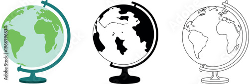 Globe earth vector illustration in flat, silhouette, and outline styles for global, geography, and international design projects