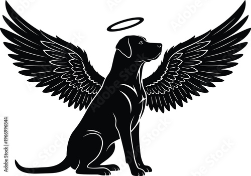 Dog angel silhouette with wings, halo pet memorial art, loyal guardian figure, black illustration design, remembrance animal concept