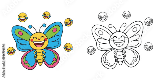 Happy Laughing Butterfly with Emoji Coloring Page for Kids, Colorful Example and Black and White Line Art Illustration Vector
