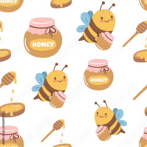 Seamless pattern with honey jars, bees and dippers. Cozy illustration for food packaging, kitchen textiles, wrapping paper and sweet branding.
