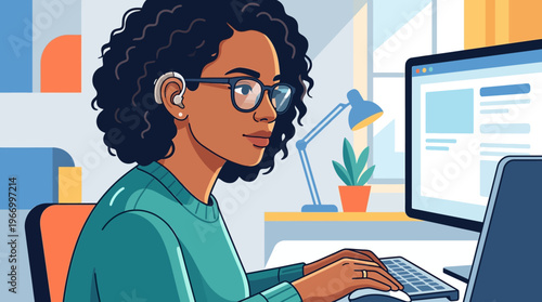 Woman with Hearing Aid Working on Computer at Home