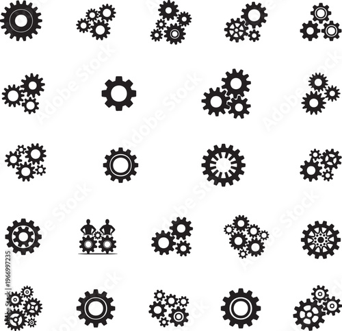 Group of gears working together representing teamwork and process efficiency silhouette set