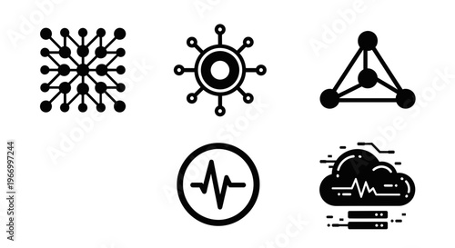 Set of cyber technology and data network symbols with neural network, cloud computing, biometric pulse and abstract connection silhouettes vector illustration.