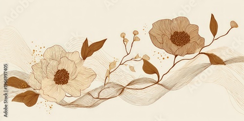 Delicate sepia floral design with wavy lines