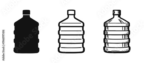 Large Drinking Water Bottle Icon Set. Gallon Container Vector Symbols in Solid, Outline, and Hand-Drawn Styles.