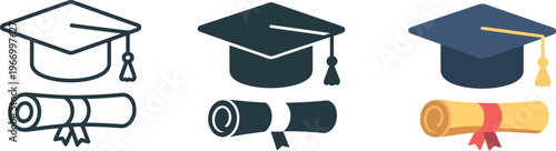 Graduation hat with diploma icon set representing academic degree certificate for college, school, and university ceremony vector illustration