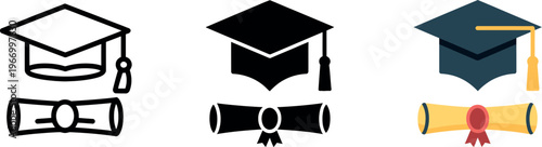 Graduation hat with diploma icon set representing academic degree certificate for college, school, and university ceremony vector illustration