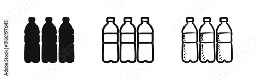 Three Plastic Water Bottles Icon Set. Bottled Water Pack Vector Symbols in Solid, Outline, and Hand-Drawn Styles.
