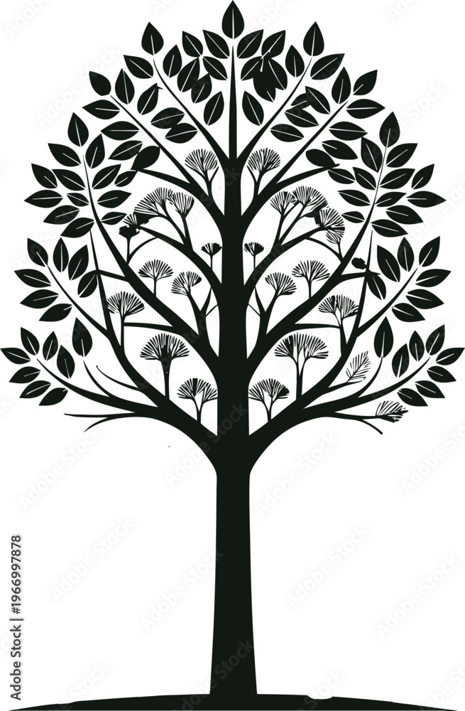 Obraz premium Black silhouette tree with flowers and leaves on white background