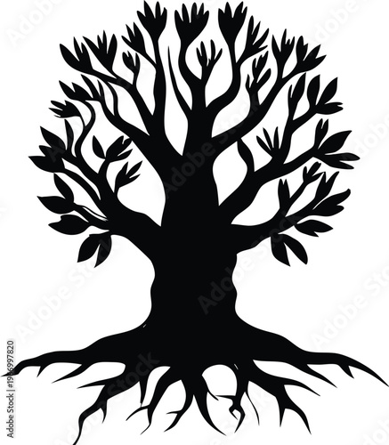 Black silhouette tree with roots and leaves on white background
