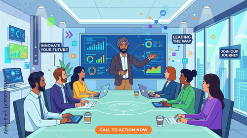 Business Team Meeting with a Sikh Leader and Data Visuals