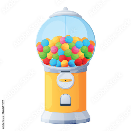Colorful gumball machine filled with round candy balls on white background ready for use