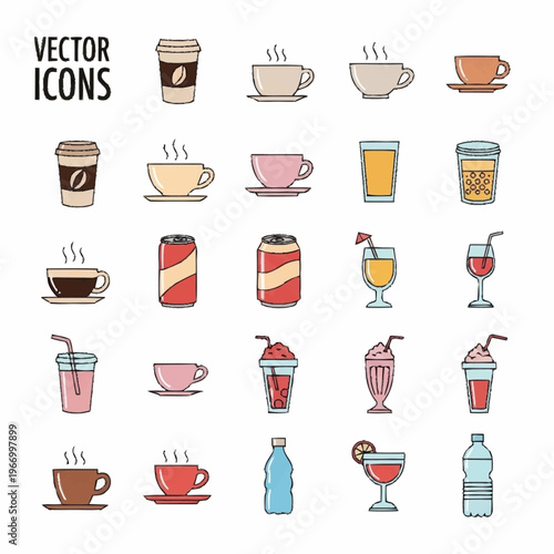 Collection of Vector Icons Featuring Various Beverages.